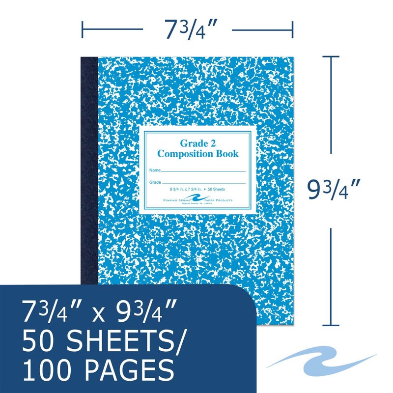 Roaring Spring Composition Notebooks, 5-Pack, Grade 2 Ruled, 50 Sheets 15# White Paper, 9.75"x7.75", Designed for Grade 2 Classes, Practicing Writing & Penmanship, Blue Marble Flexible Cover - Image 2